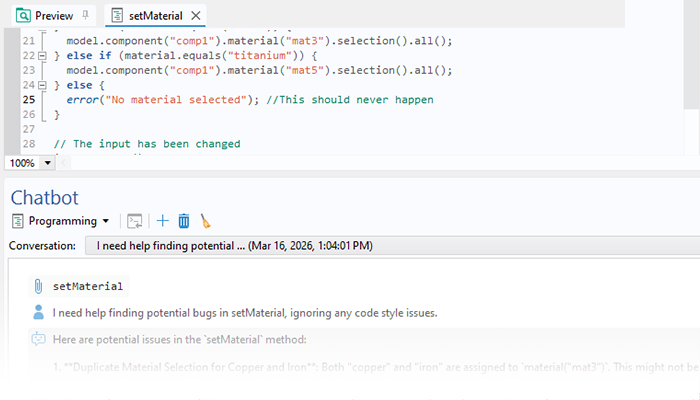 A close-up view of the Chatbot window and setMaterial window in the Application Builder.