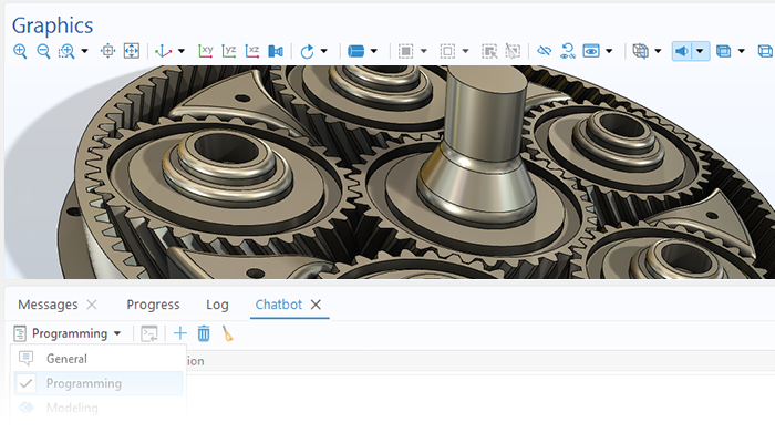 A close-up view of the Chatbot window and a gear train model in the Graphics window.