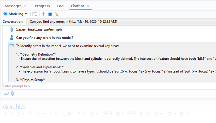 A close-up view of the Chatbot window with the prompt "Can you find any errors in this model?" and the response.