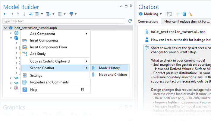 A close-up view of the Model Builder with the Model History node selected in a submenu and the Chatbot window.