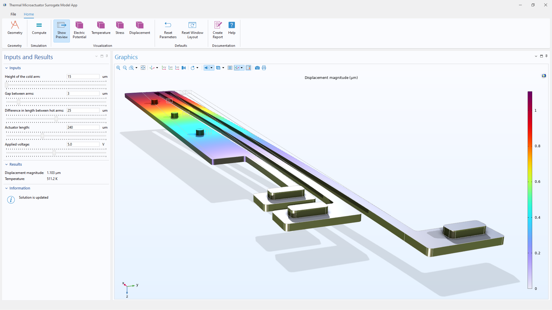 The UI of a simulation app with a thermal actuator model in the Graphics window.