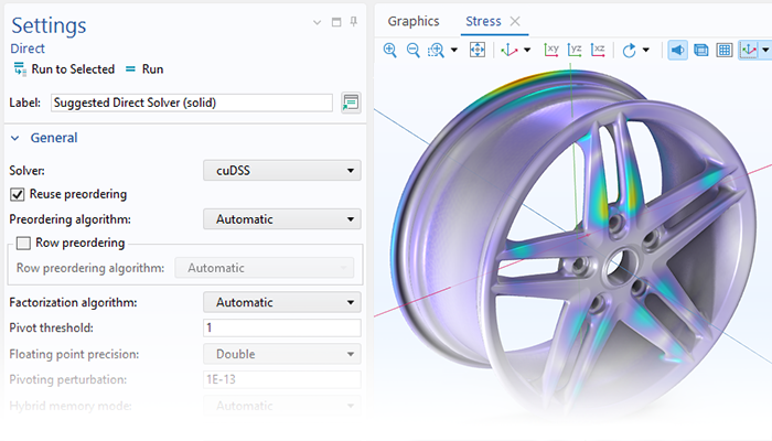 A close-up view of the Direct solver settings and a wheel rim model in the Graphics window.