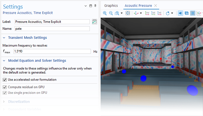 A close-up view of the Pressure Acoustics, Time Explicit settings and a chamber music hall in the Graphics window.