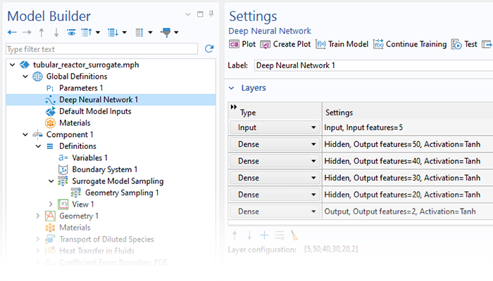 A close-up view of the Model Builder with the Deep Neural Network node highlighted and the corresponding Settings window.