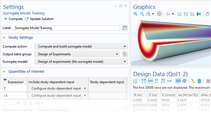A close-up view of the Surrogate Model Training settings and a tubular reactor model in the Graphics window.