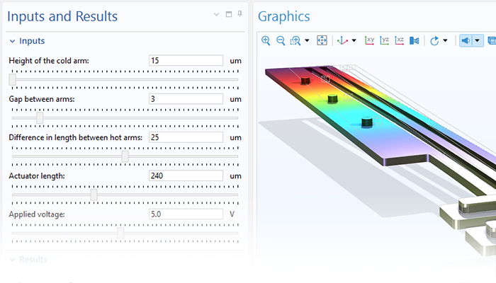 A close-up view of the Application Builder UI showing the Inputs and Results column and a thermal actuator model in the Graphics window.