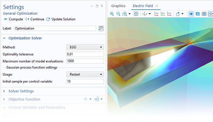 A close-up view of the General Optimization settings and a bow tie antenna model in the Graphics window.