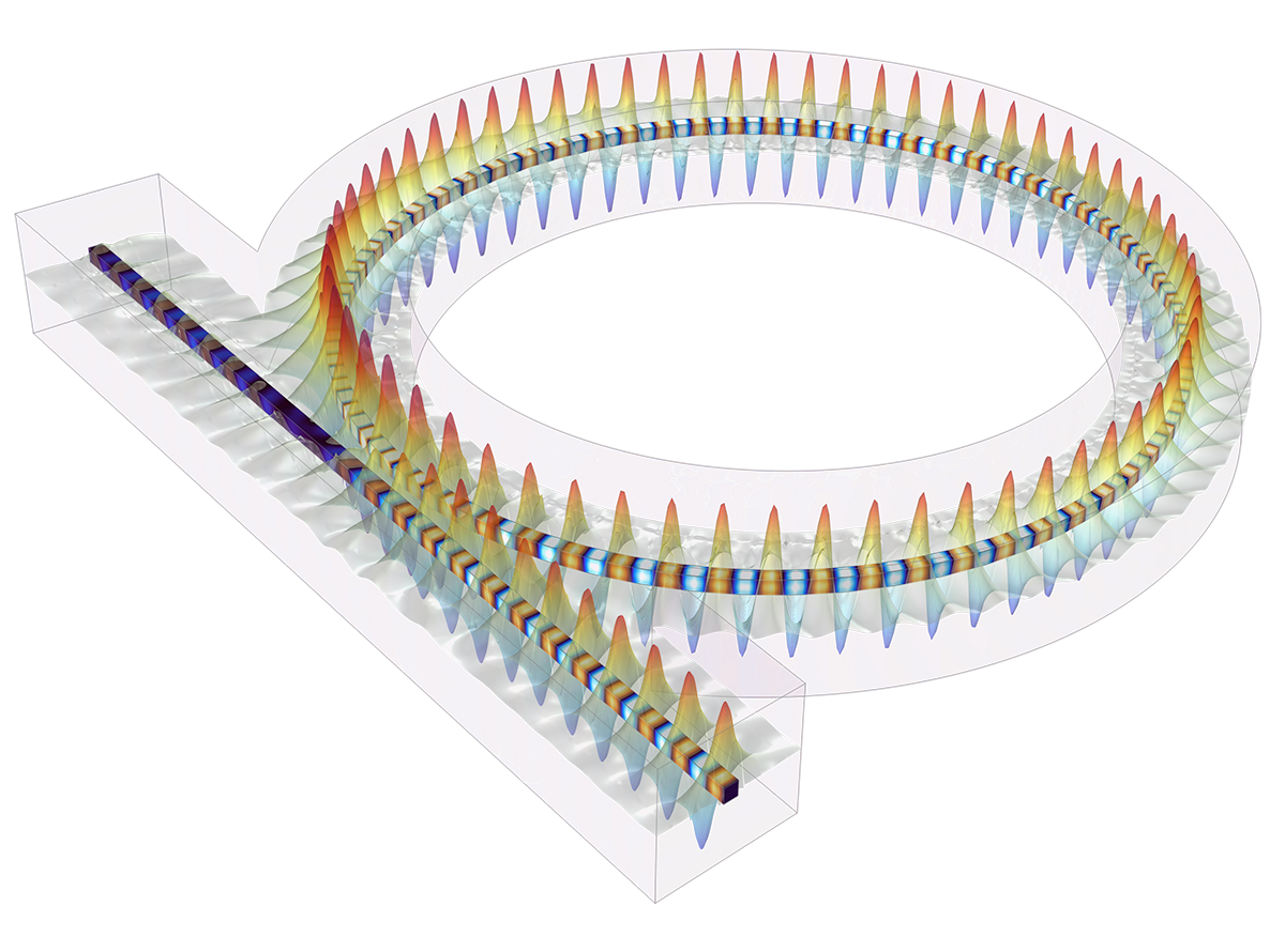 Распределение электрического поля в модели оптического кольцевого резонатора, визуализация с помощью цветовой схемы Heat Camera.