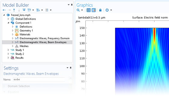 Скриншот интерфейса ПО: В дереве модели выбран узел интерфейса Electromagnetic Waves, Beam Envelopes, в графическом окне визуализирована модель линзы Френеля.