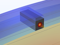 A closeup view of a photonic waveguide model showing the electric field.