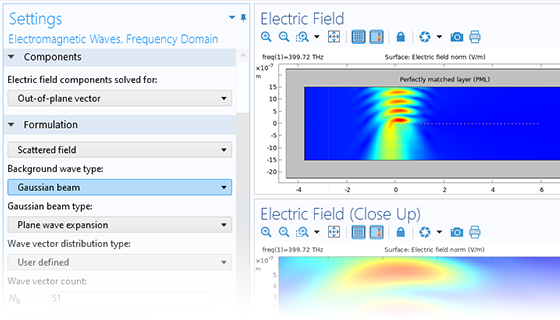 Скриншот интерфейса ПО: в дереве модели выделен узел интерфейса Electromagnetic Waves, Frequency Domain, в графическом окне показан результат рассеяния гауссова пучка на решетке золотых проволок.