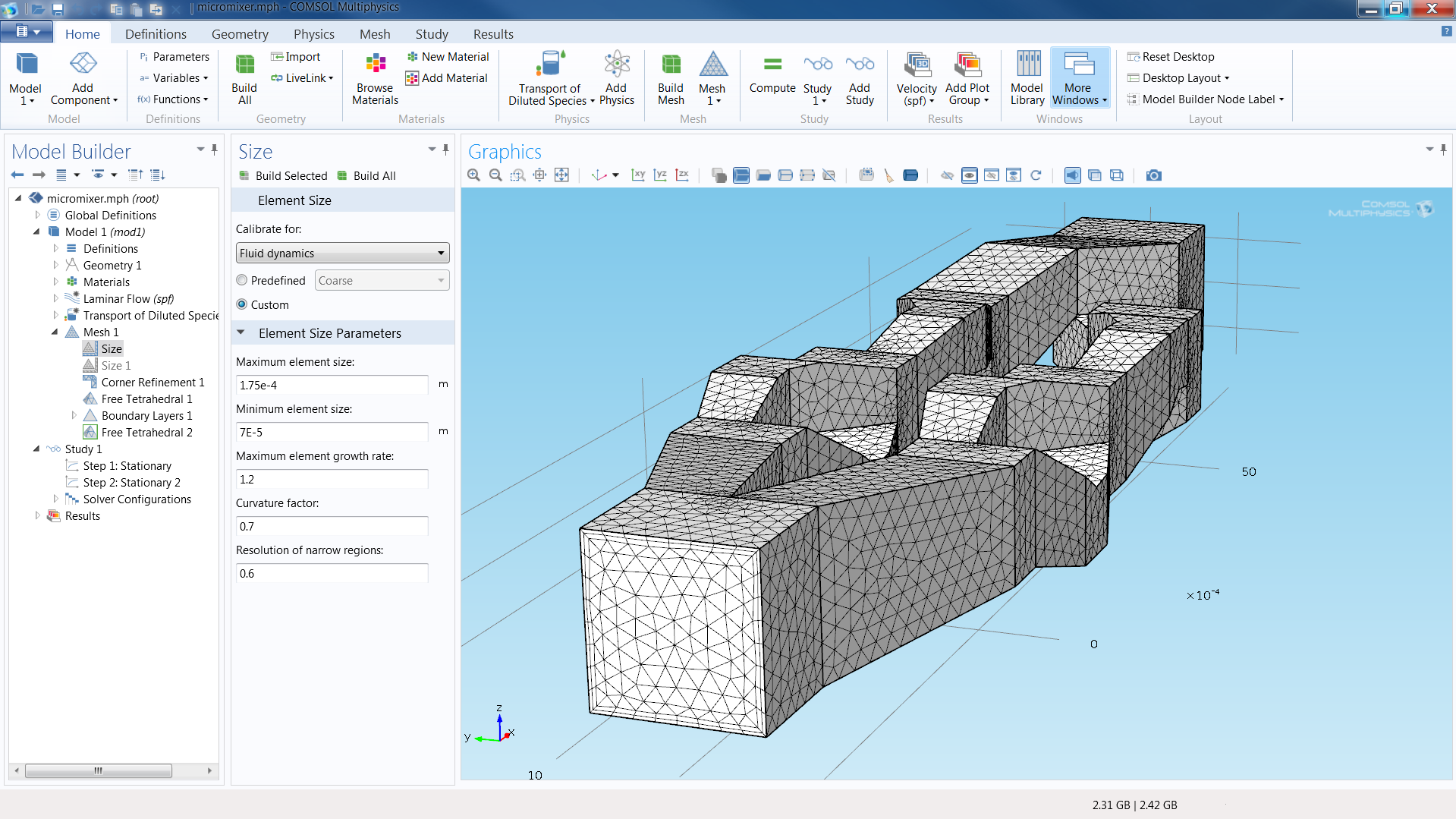 Meshing: The meshing methods of COMSOL Multiphysics includes free tetrahedral mesh, swept mesh, and boundary layer mesh. The picture shows the mesh of a flow simulation using higher-order elements.