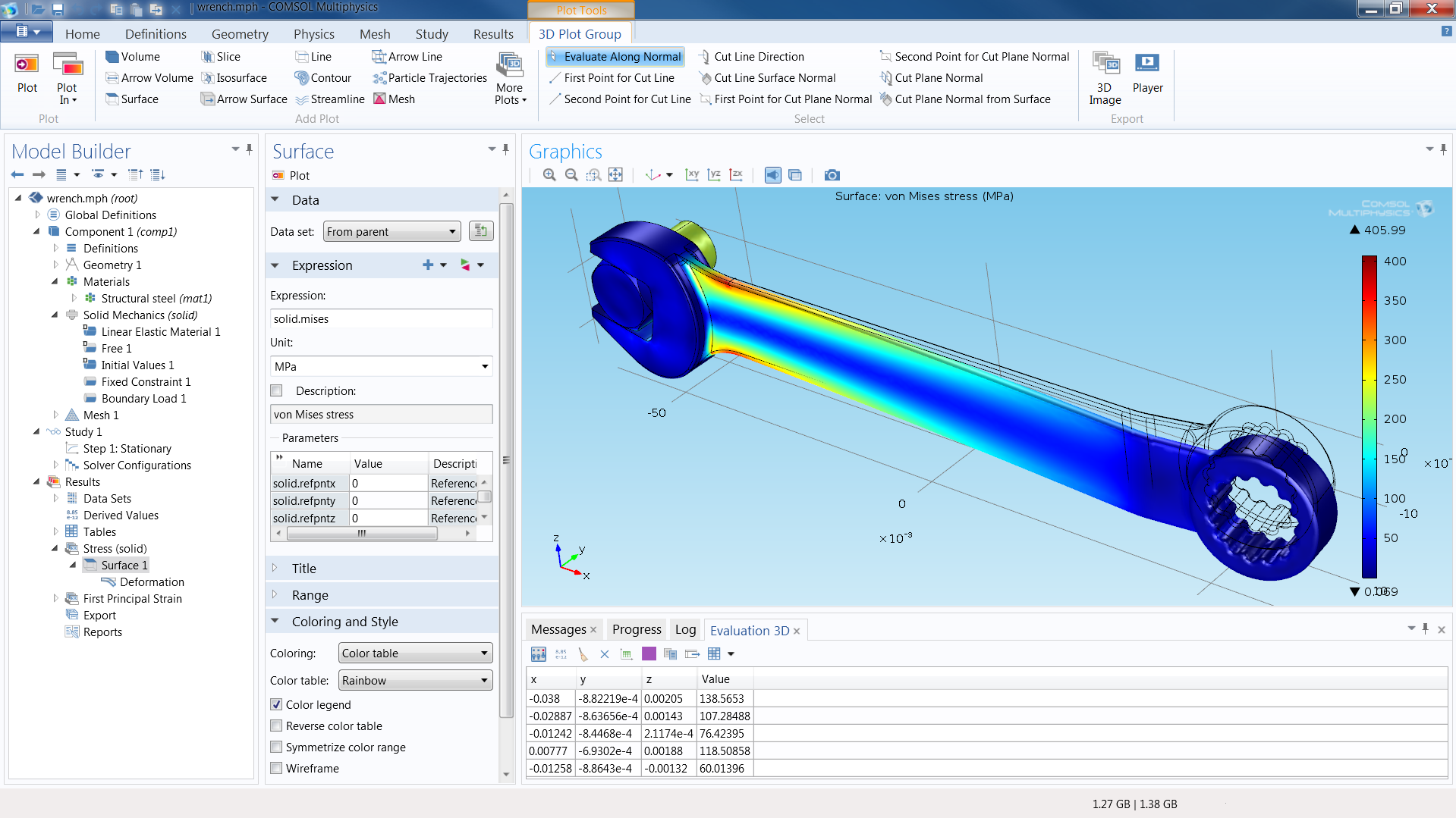 COMSOL Desktop&reg;: A mechanical simulation of a wrench computing the effective stress and deformation.