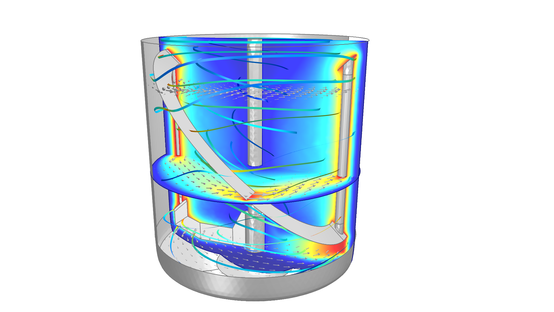 NON-ISOTHERMAL MIXING: Model of a fluid that is mixed and heated using the Rotating Machinery, Non-isothermal Flow interface. The slice plots indicate the temperature field and the arrow and ribbon plots the direction of flow.