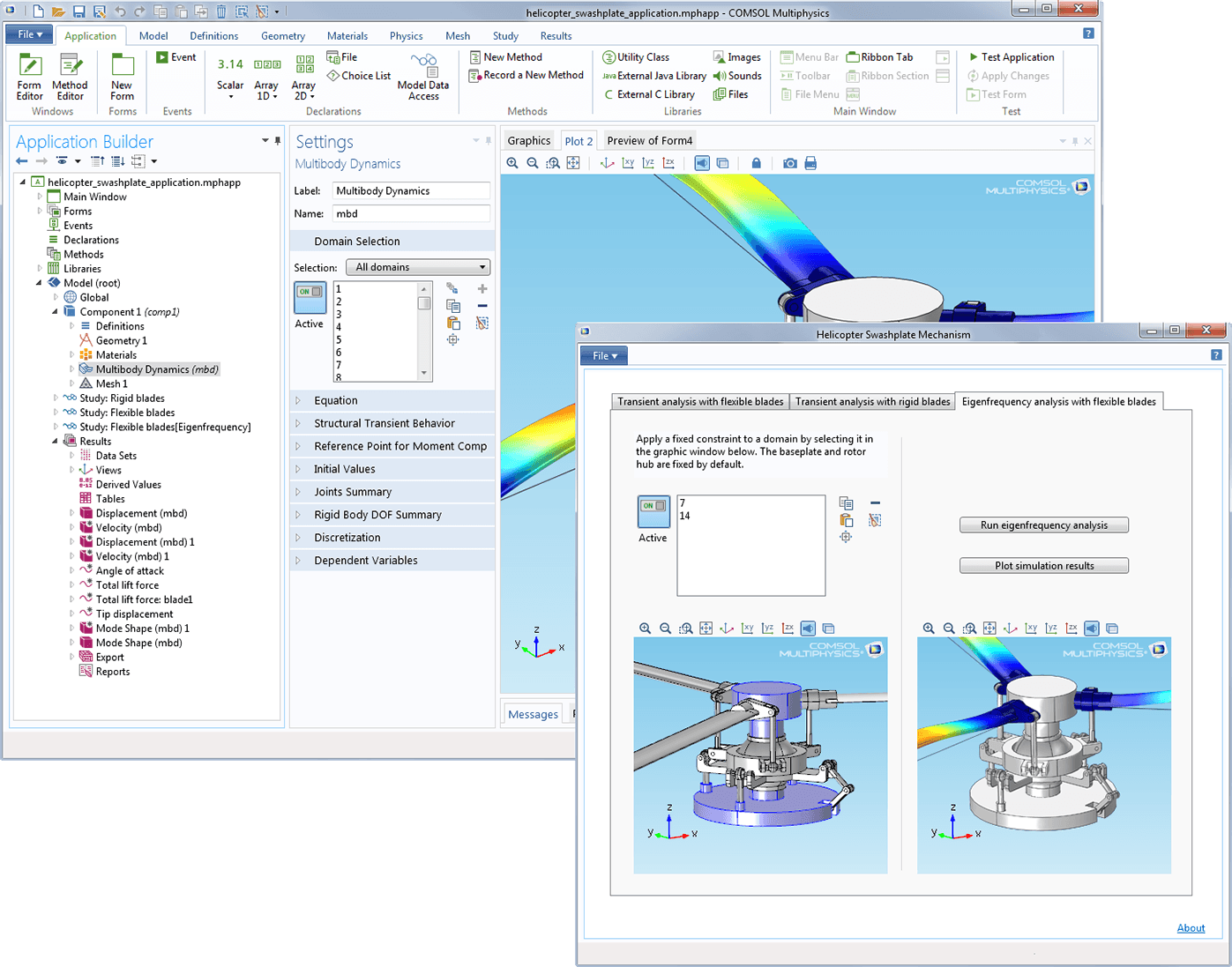 A swashplate mechanism is used to control the orientation of helicopter rotor blades. This example shows an application derived from the model where only the pitch of the blades can be changed, but where both transient and eigenfrequency analyses can be presented.