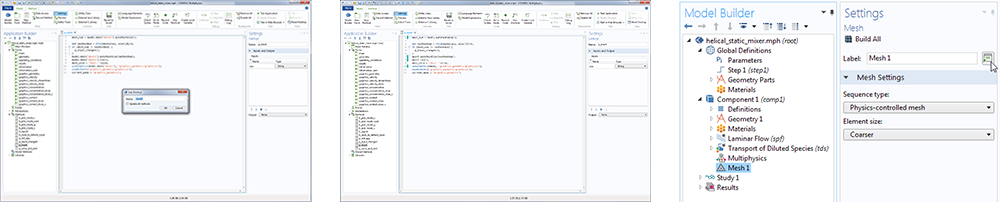 Left: A screenshot demonstrating where to add a shortcut to your method in COMSOL Multiphysics. Middle: A screenshot of the Application Builder with updated code for using a shortcut. Right: A screenshot of the Mesh node Settings window in COMSOL Multiphysics.