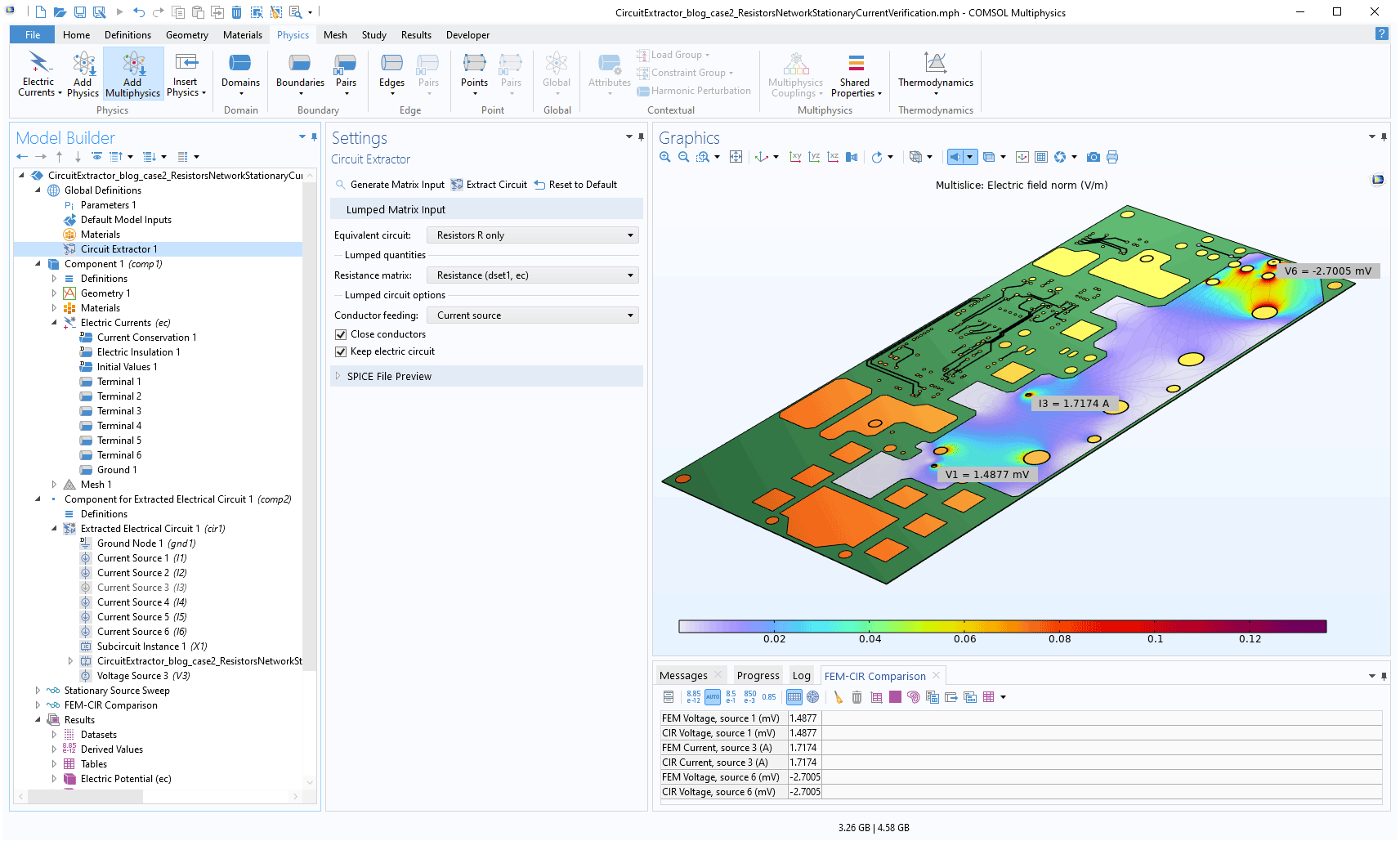 The COMSOL Multiphysics UI showing the Model Builder with the Circuit Extractor node highlighted, the corresponding Settings window, and a PCB model in the Graphics window.