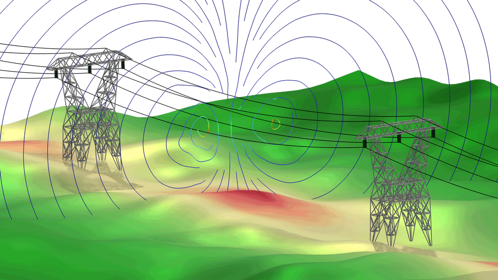 A power line model showing the magnetic field in the Traffic Light color table.