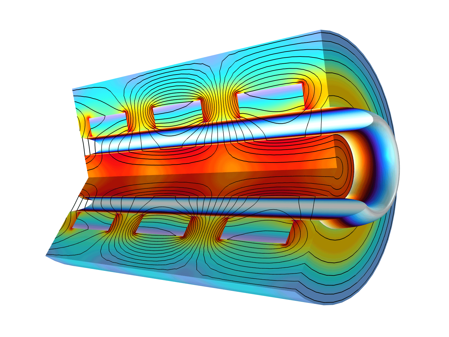 泵模型，其中以 Prism 和 Thermal Wave 颜色表显示磁场和速度。