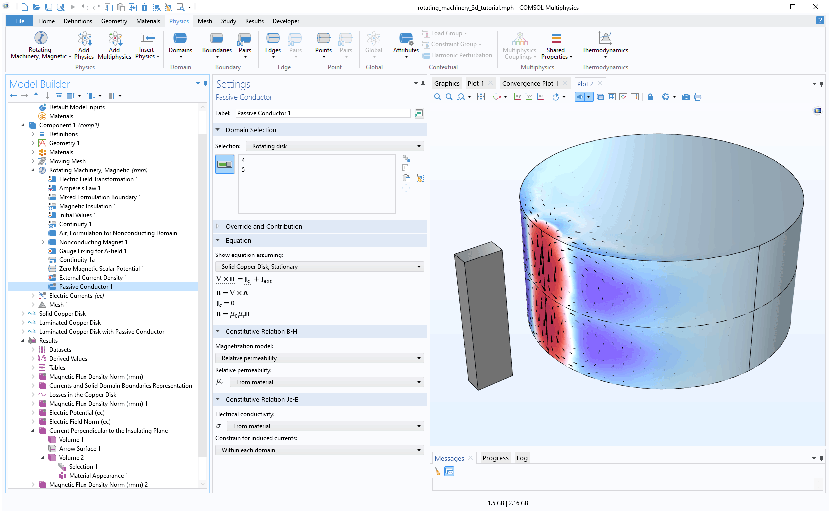 The COMSOL Multiphysics UI showing the Model Builder with the Passive Conductor node highlighted, the corresponding Setting window, and a 3D model in the Graphics window.