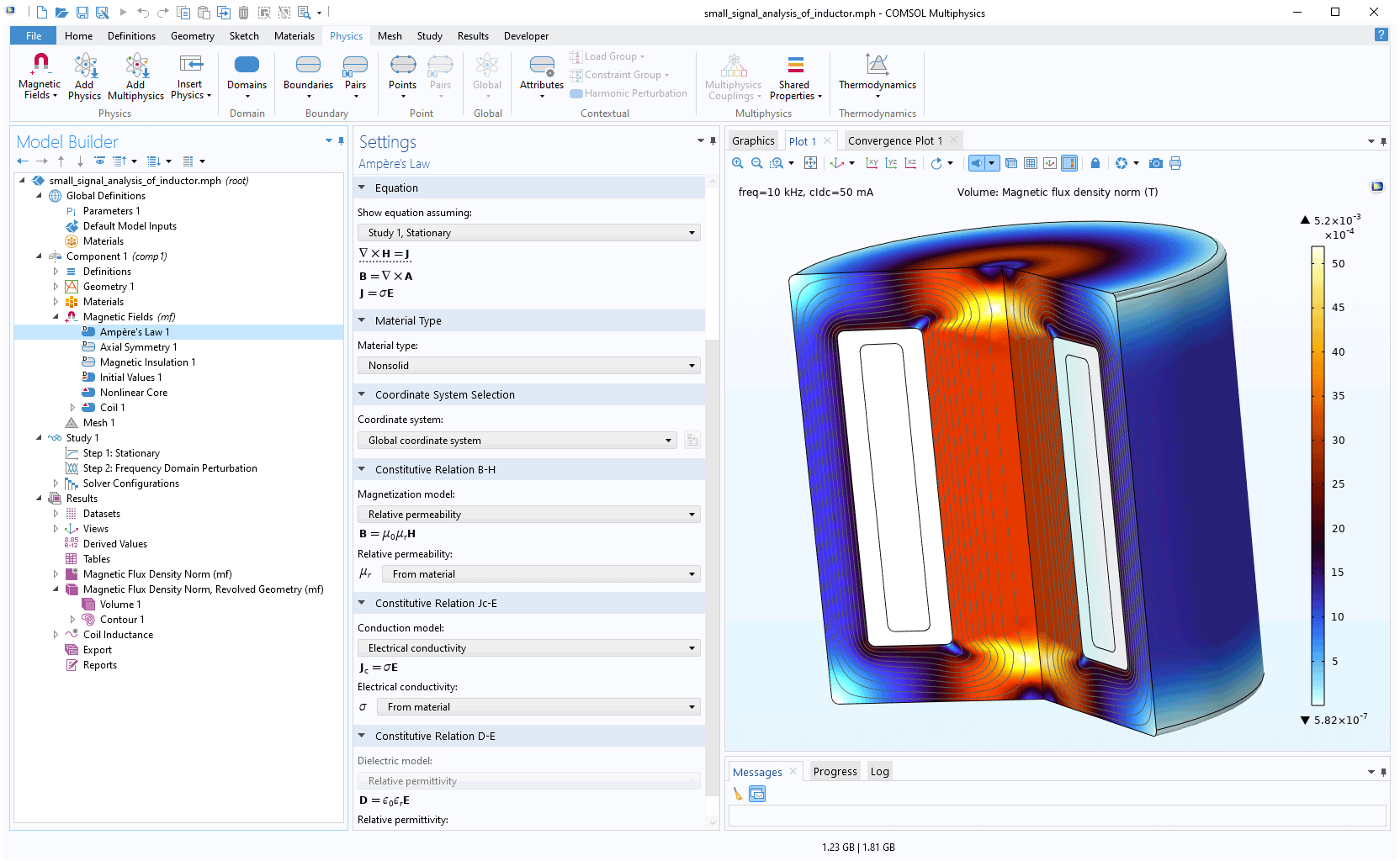 The COMSOL Multiphysics UI showing the Model Builder with the Ampere's Law node highlighted, the corresponding Settings window, and an inductor model in the Graphics window.