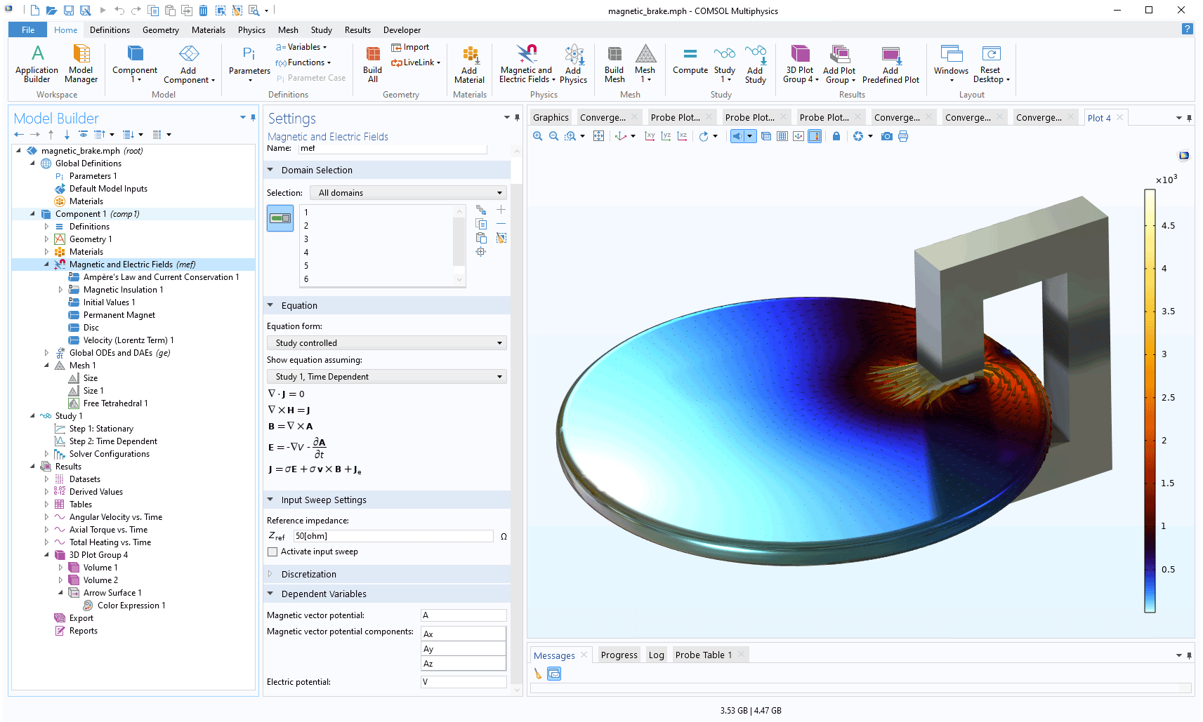 The COMSOL Multiphysics UI showing the Model Builder with the Magnetic and Electric Fields node highlighted, the corresponding Settings window, and a magnetic brake model in the Graphics window.