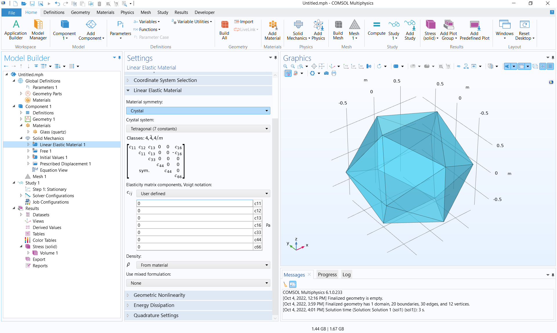 The COMSOL Multiphysics UI showing the Model Builder with the Linear Elastic Material node highlighted, the corresponding Settings window, and a 3D object in the Graphics window.