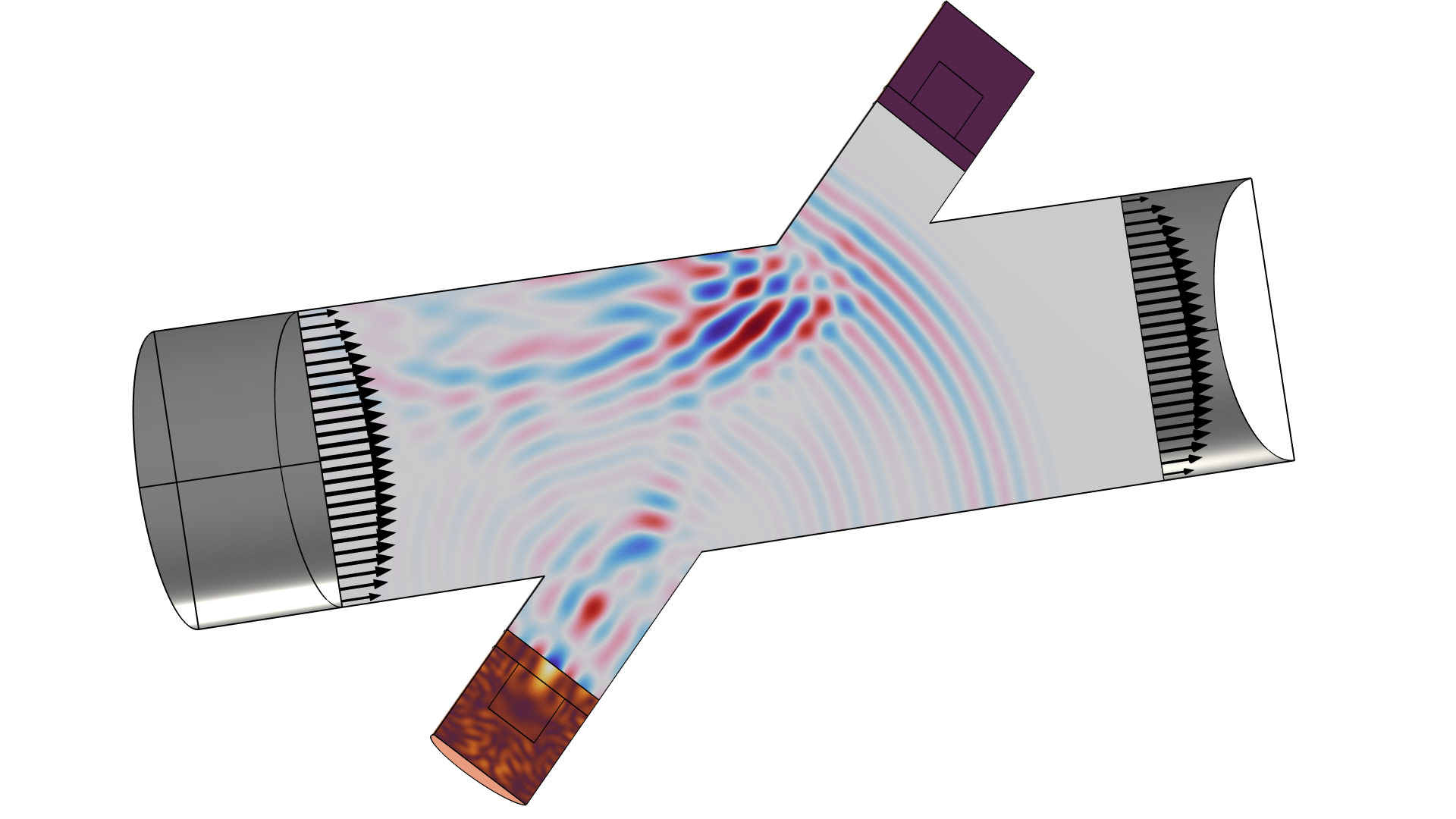 超声波流量计模型，其中以 Wave 颜色表显示声信号。