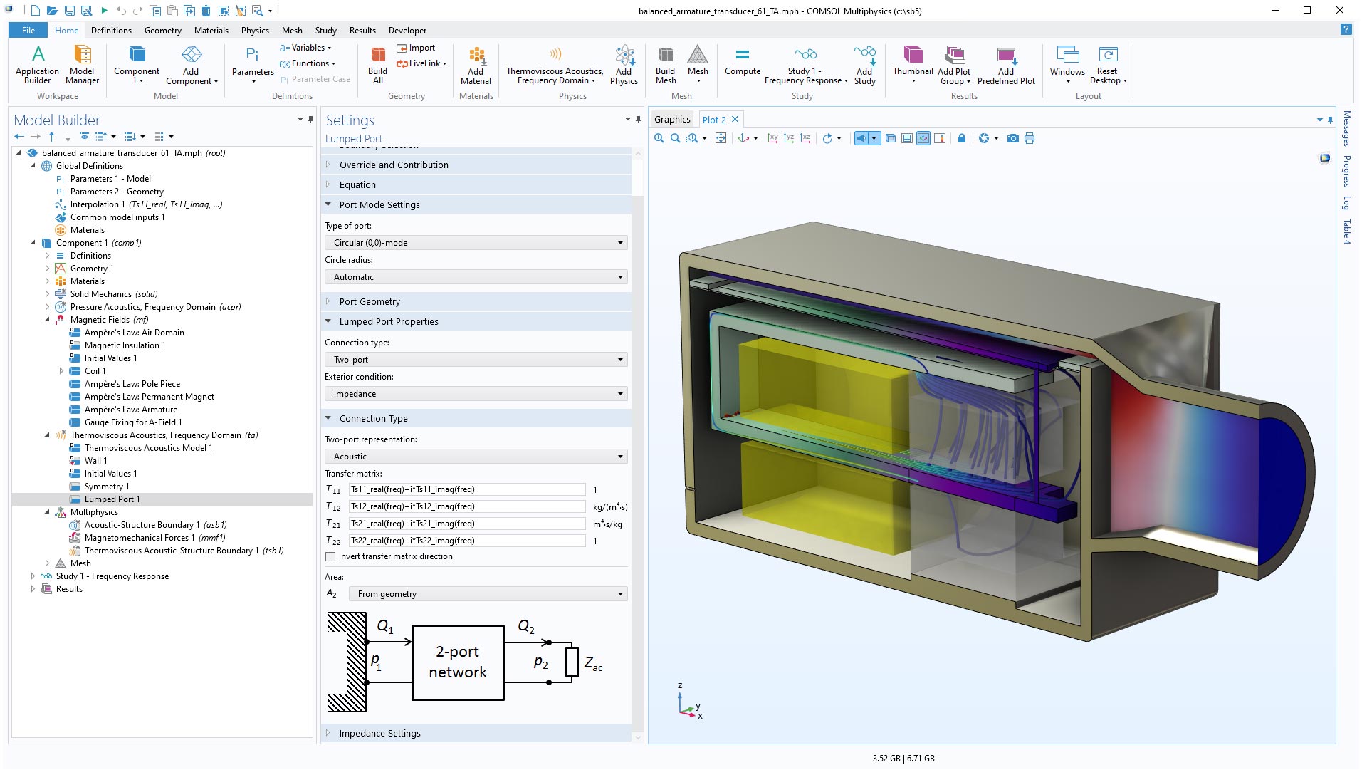 The COMSOL Multiphysics UI showing the Model Builder with the Lumped Port node highlighted, the corresponding Settings window, and a transducer model in the Graphics window.