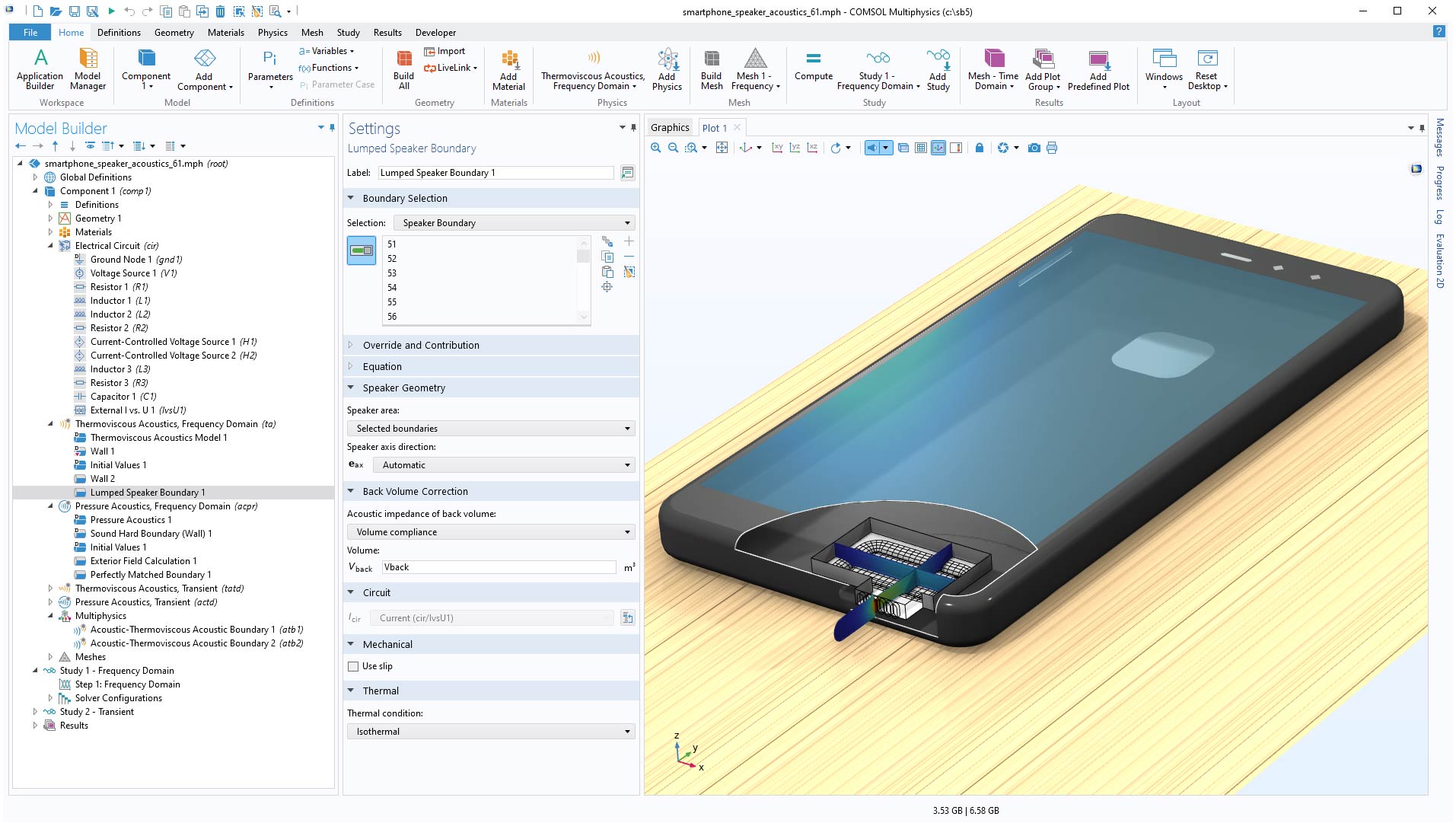 The COMSOL Multiphysics UI showing the Model Builder with the Lumped Speaker Boundary node highlighted, the corresponding Settings window, and a smartphone model in the Graphics window.