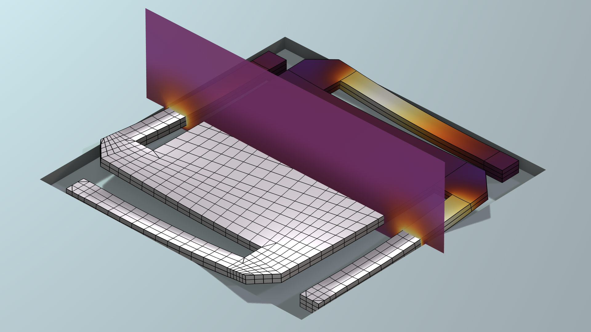 A micromirror model showing the temperature and mesh.