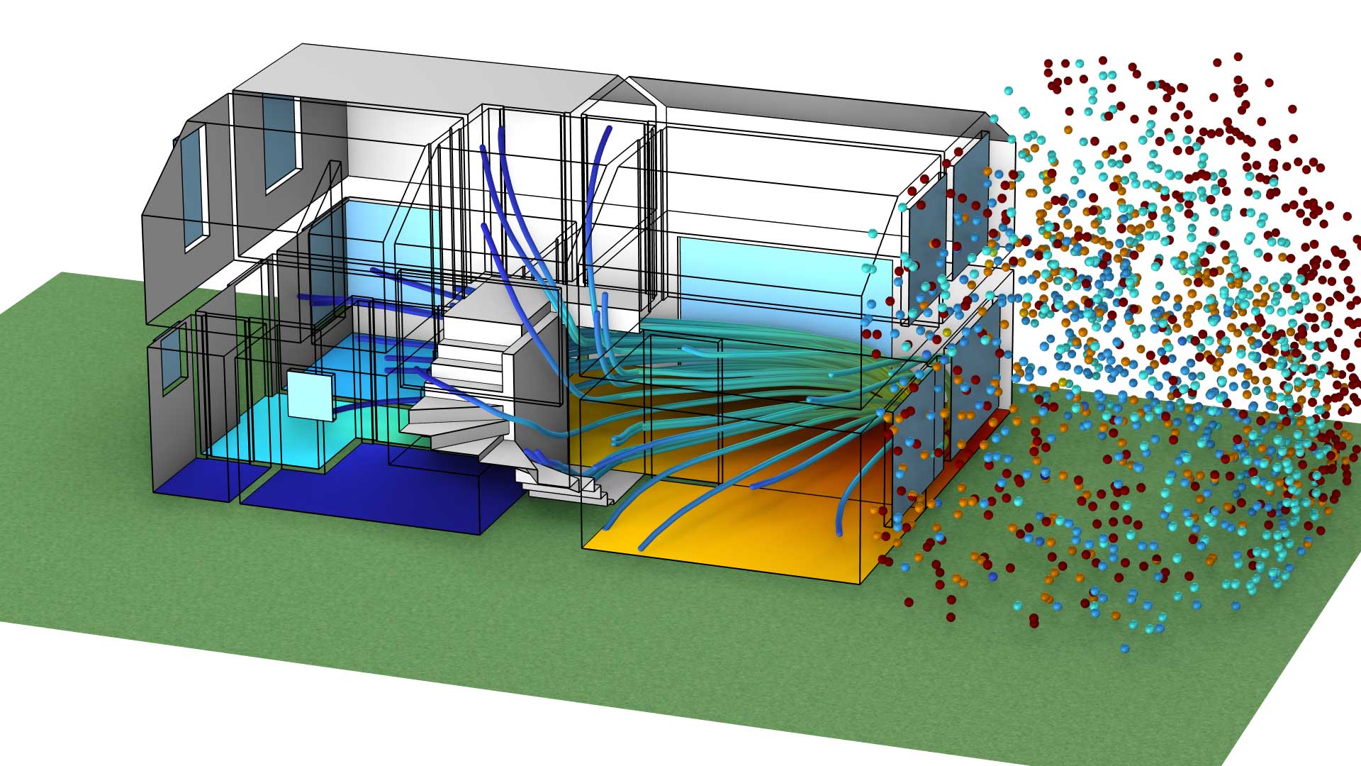 住宅模型，其中使用粒子和流线显示声压级和射线声学。