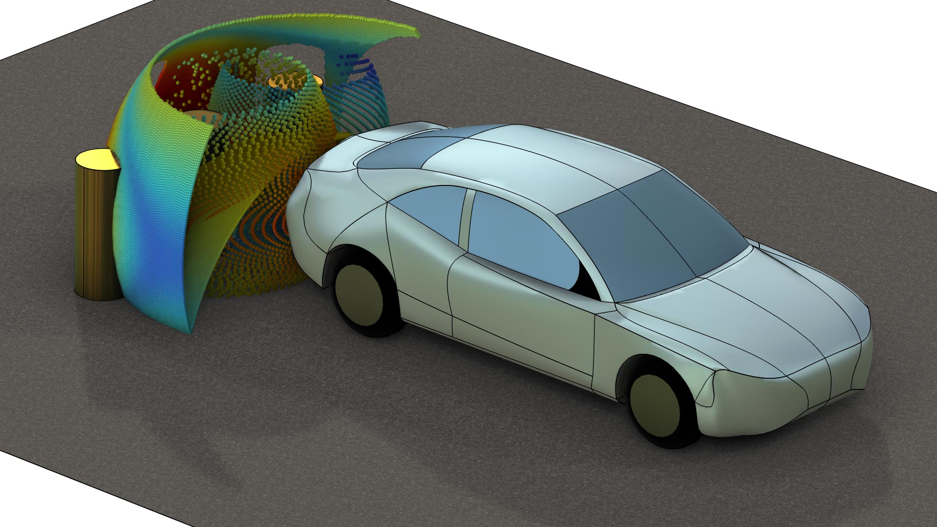 A car model showing the radiation pattern in particles in the Rainbow color table.