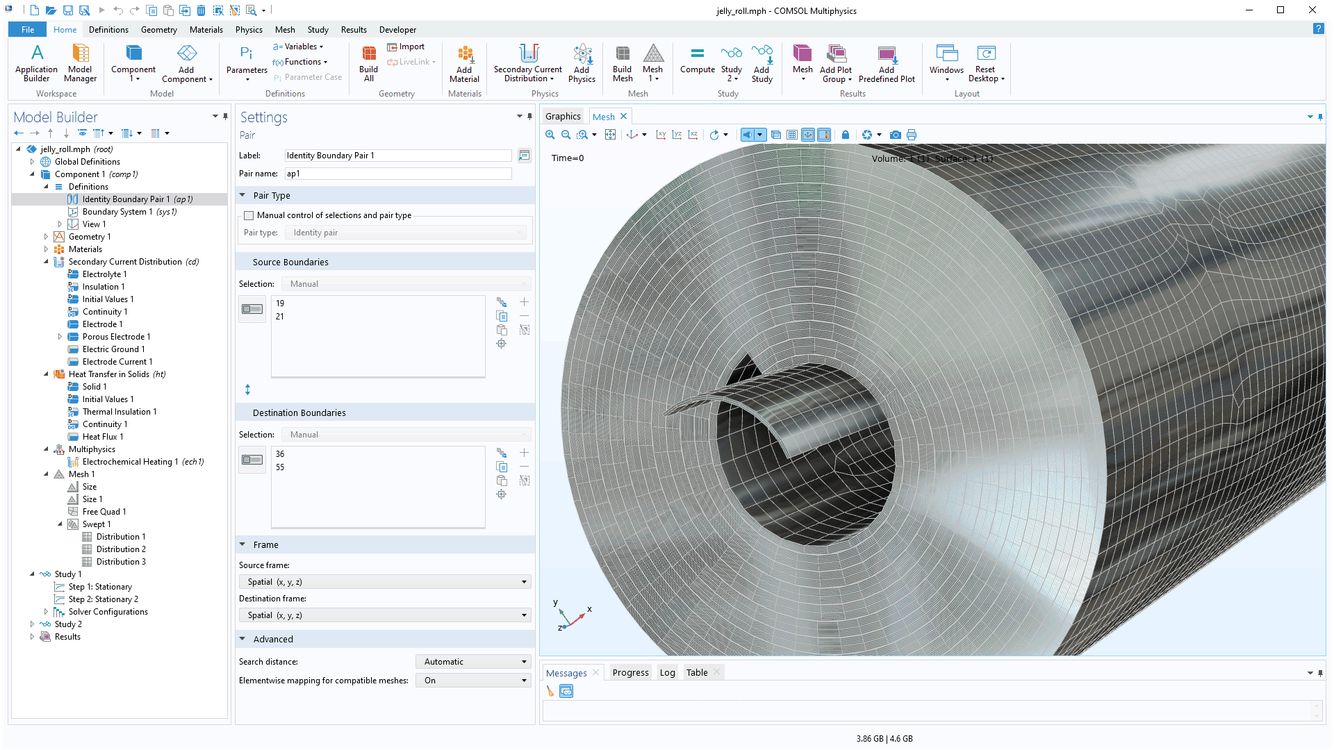 The COMSOL Multiphysics UI showing the Model Builder with the Identity Boundary Pair node highlighted, the corresponding Settings window, and a jelly roll model in the Graphics window.
