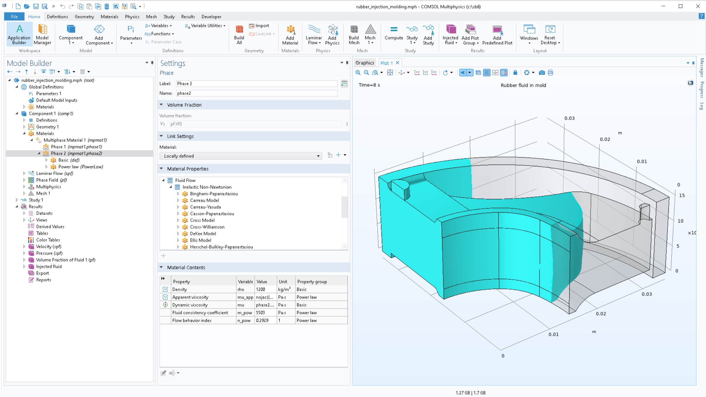 The COMSOL Multiphysics UI showing the Model Builder with the Phase 2 material selected, the corresponding Settings window, and the Graphics window showing the Rubber Injection Molding model.