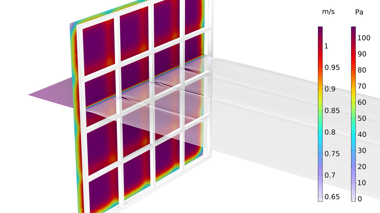 An air filter model showing the flow velocity in the Prism color table.