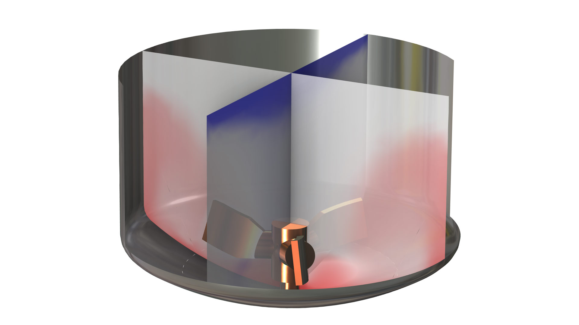 A stirred mixer model showing light and heavy particles in blue and red, respectively.