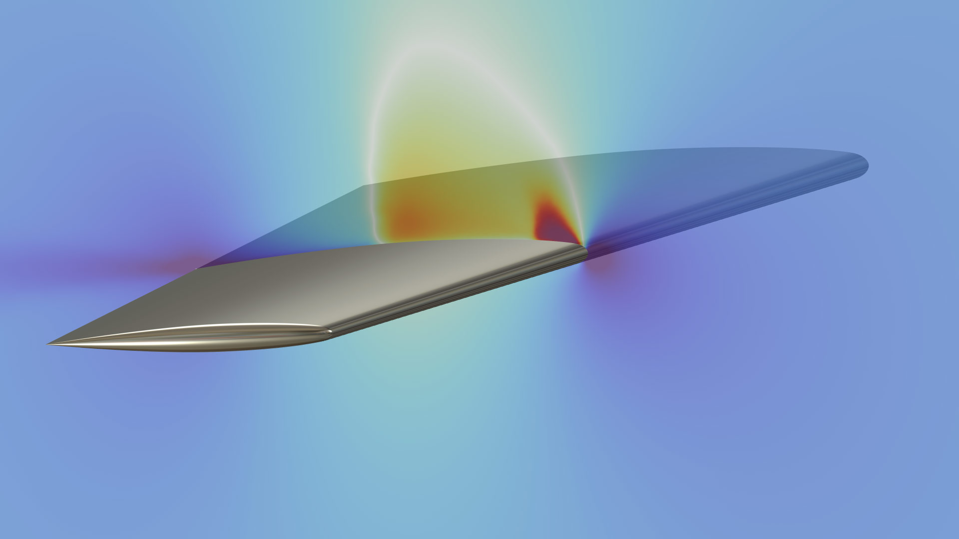A wing model showing the Mach number distribution in the Rainbow Light color table.