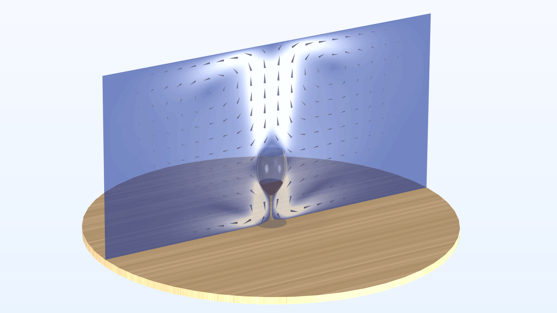 A purple velocity field around a wine glass model, with markers to indicate the evaporation.