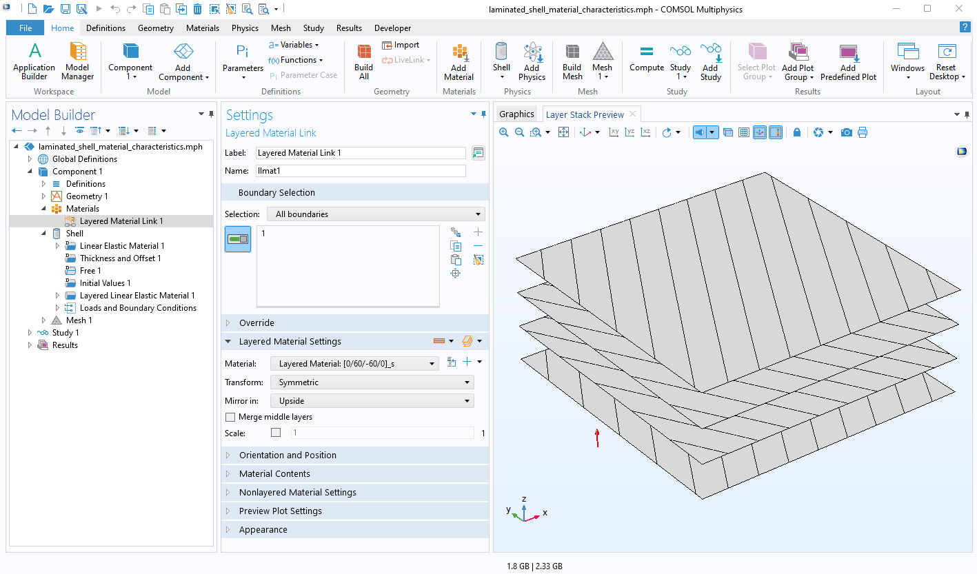 The COMSOL Multiphysics UI showing the Model Builder with the Layered Material Link node highlighted, the corresponding Settings window, and a laminated shell model in the Graphics window.