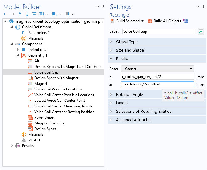 A close-up view of the Model Builder with the Rectangle node highlighted and the corresponding Settings window.
