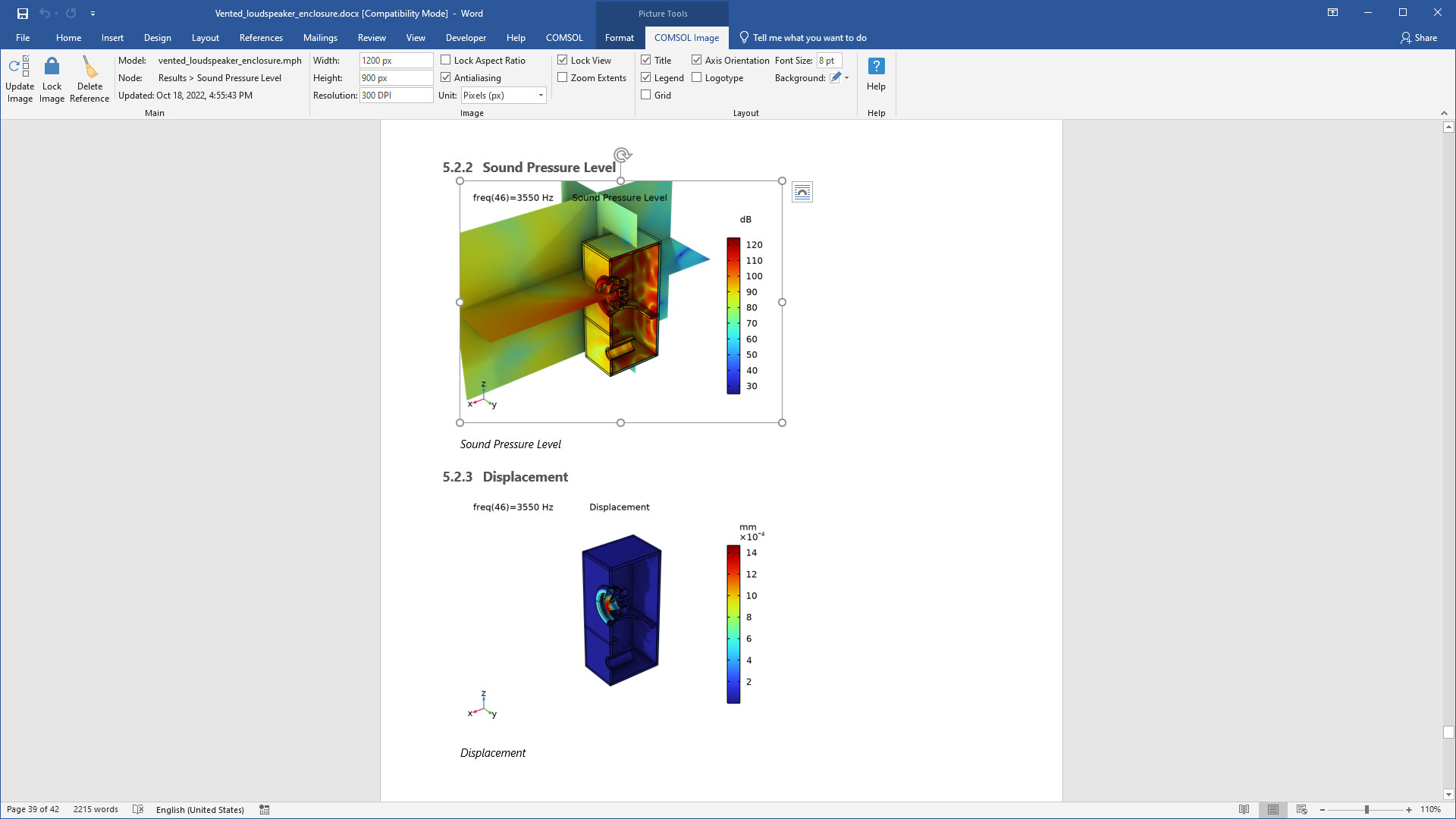 Microsoft Word with the COMSOL Image ribbon tab highlighted and two COMSOL results in the document.