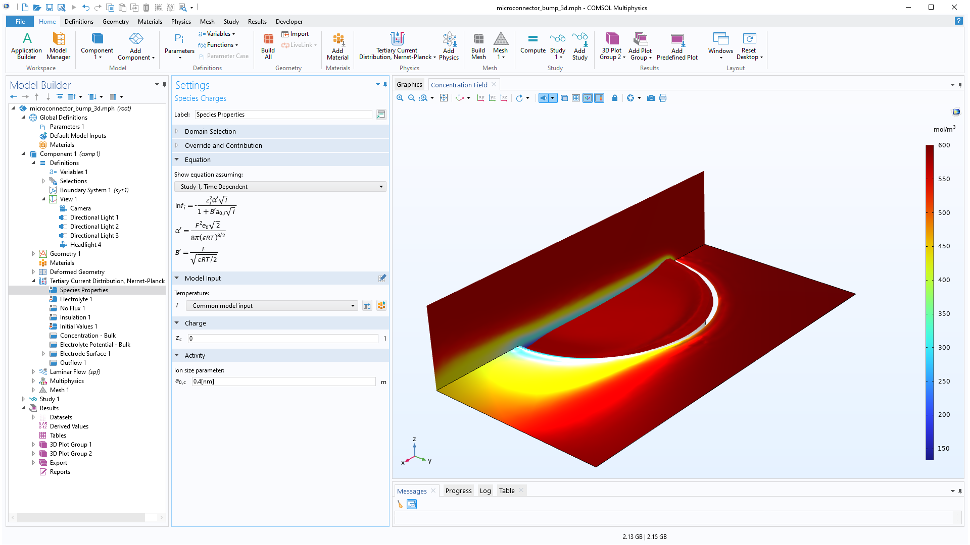 The COMSOL Multiphysics UI showing the Model Builder with the Species Charges node highlighted, the corresponding Settings window, and a microconnector bump model in the Graphics window.