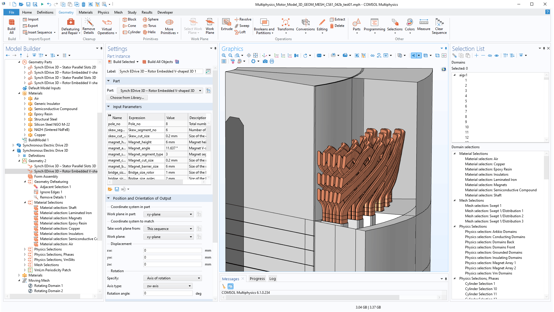 The COMSOL Multiphysics UI showing the Model Builder, the Part Instance Settings window, the Graphics window showing a permanent magnet motor model, and the Selection List window.