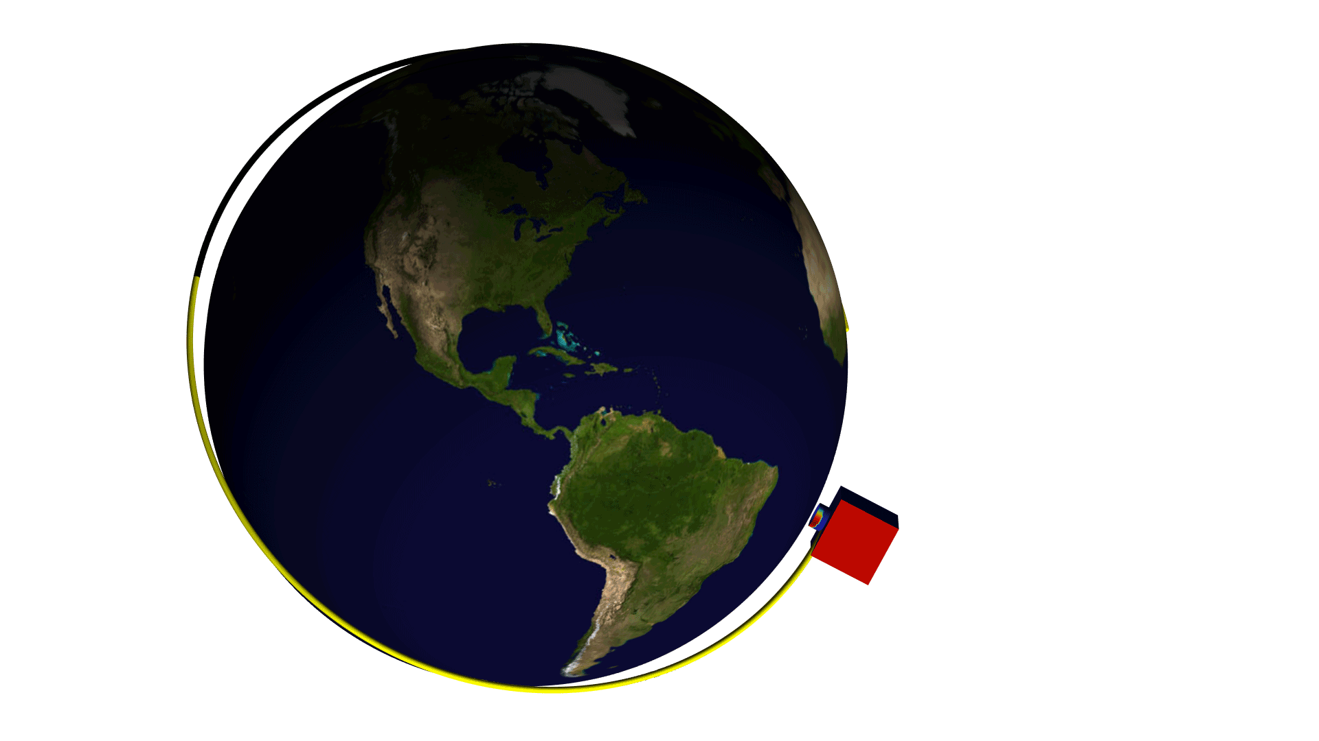 An orbit of a satellite around an Earth model showing the magnitude of the incident solar radiation.