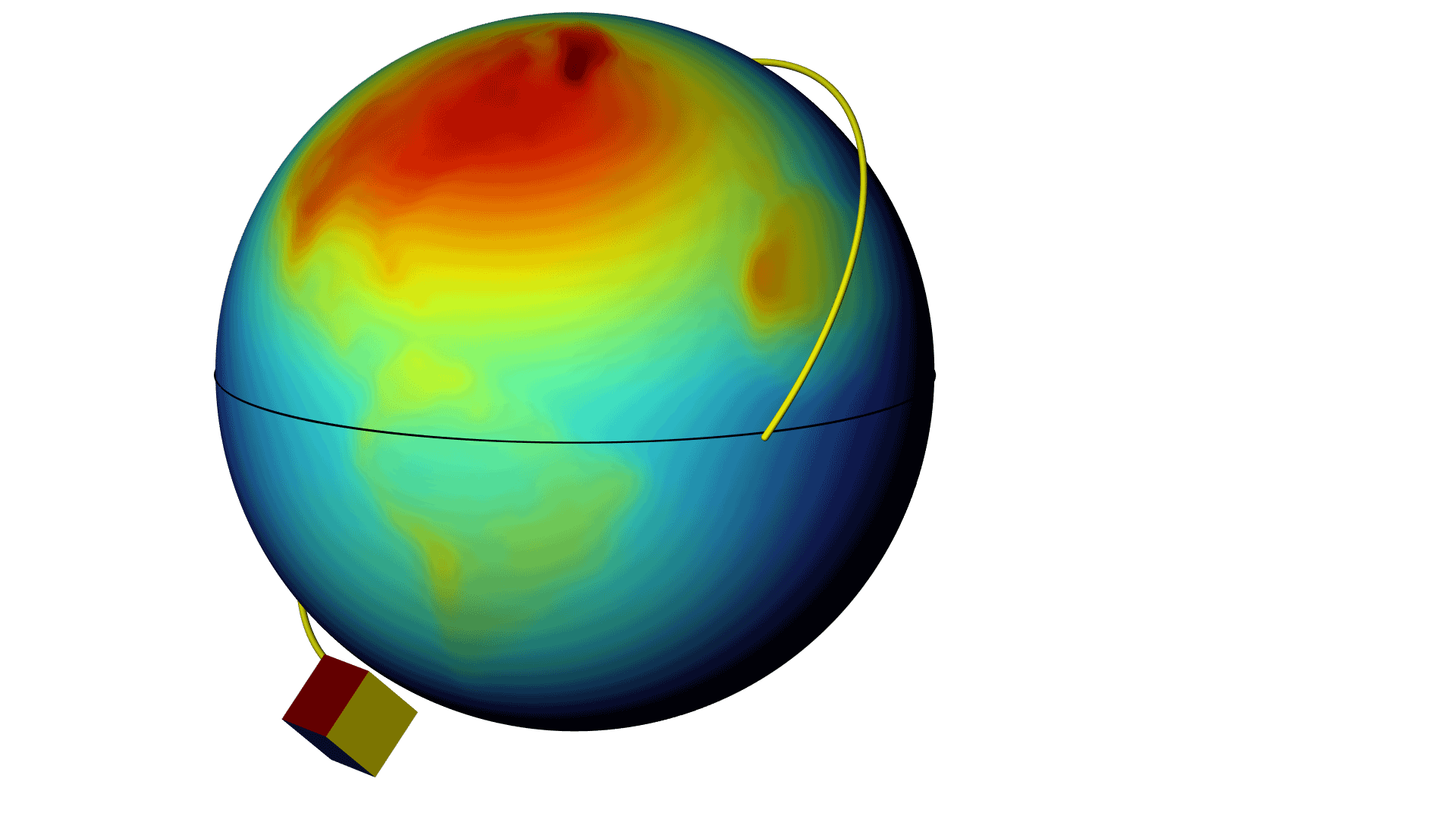 以 Rainbow 颜色表显示的卫星绕地球的运行轨道模型。