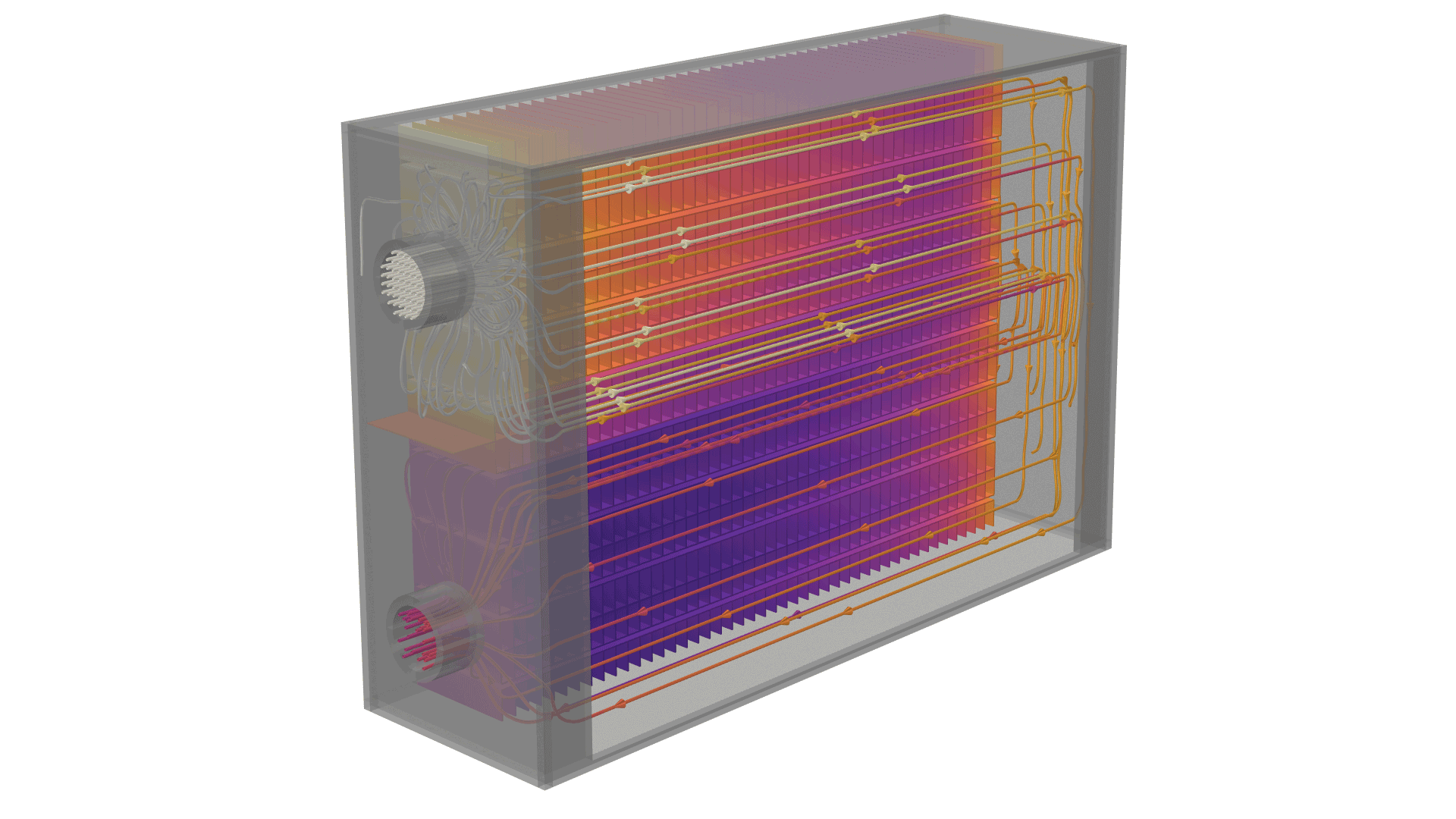 A heat exchanger model showing the oil flow and temperature in the Heat Camera color table.