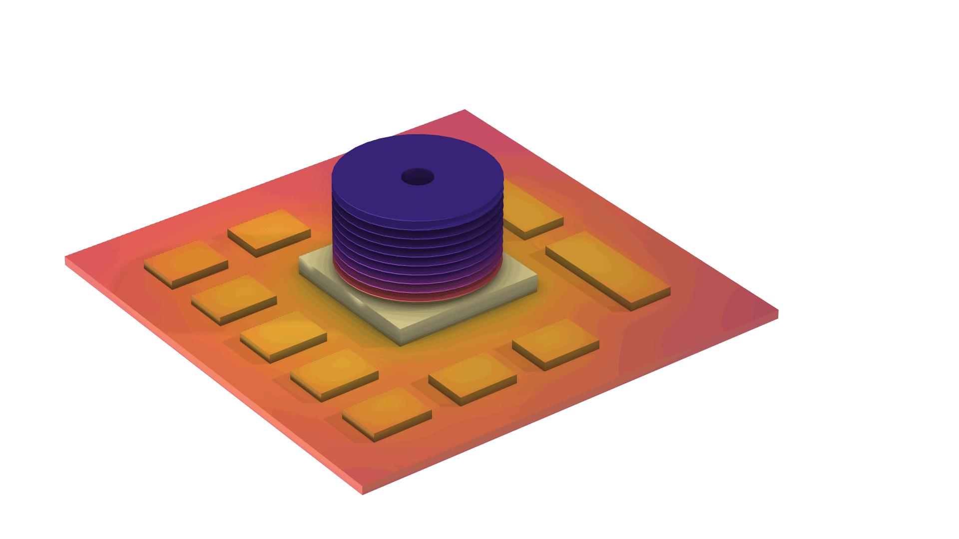 A circuit board model with a disk-stack heat sink in the Heat Camera color table.