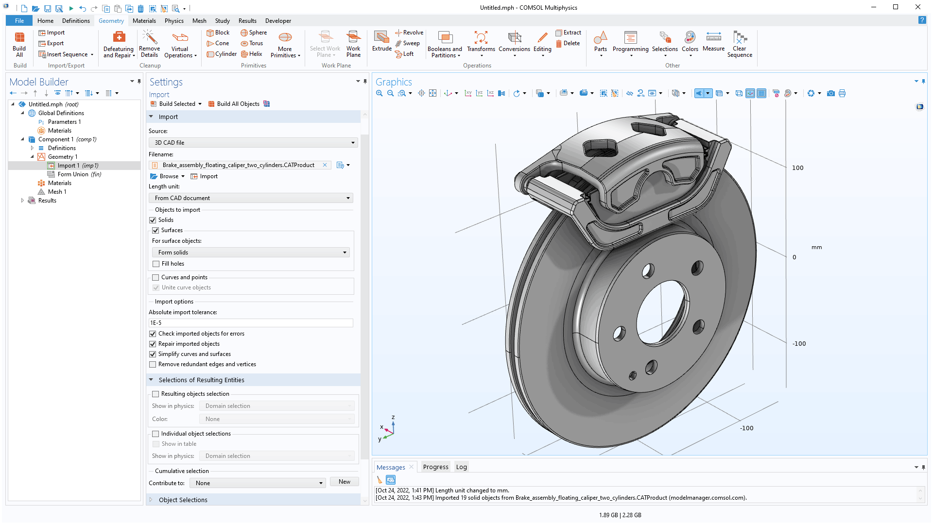 The COMSOL Multiphysics UI showing the Model Builder with the Import node highlighted, the corresponding Settings window, and a caliper model in the Graphics window.