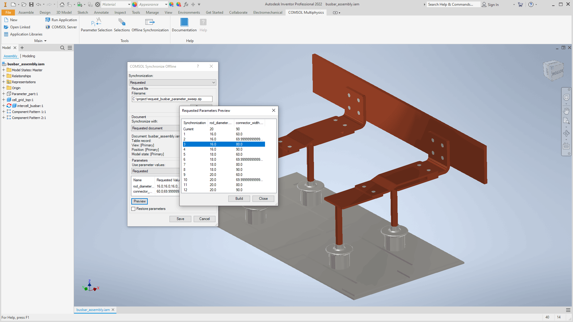The Inventor UI with the COMSOL Synchronize Offline and Requested Parameters Preview windows opened.